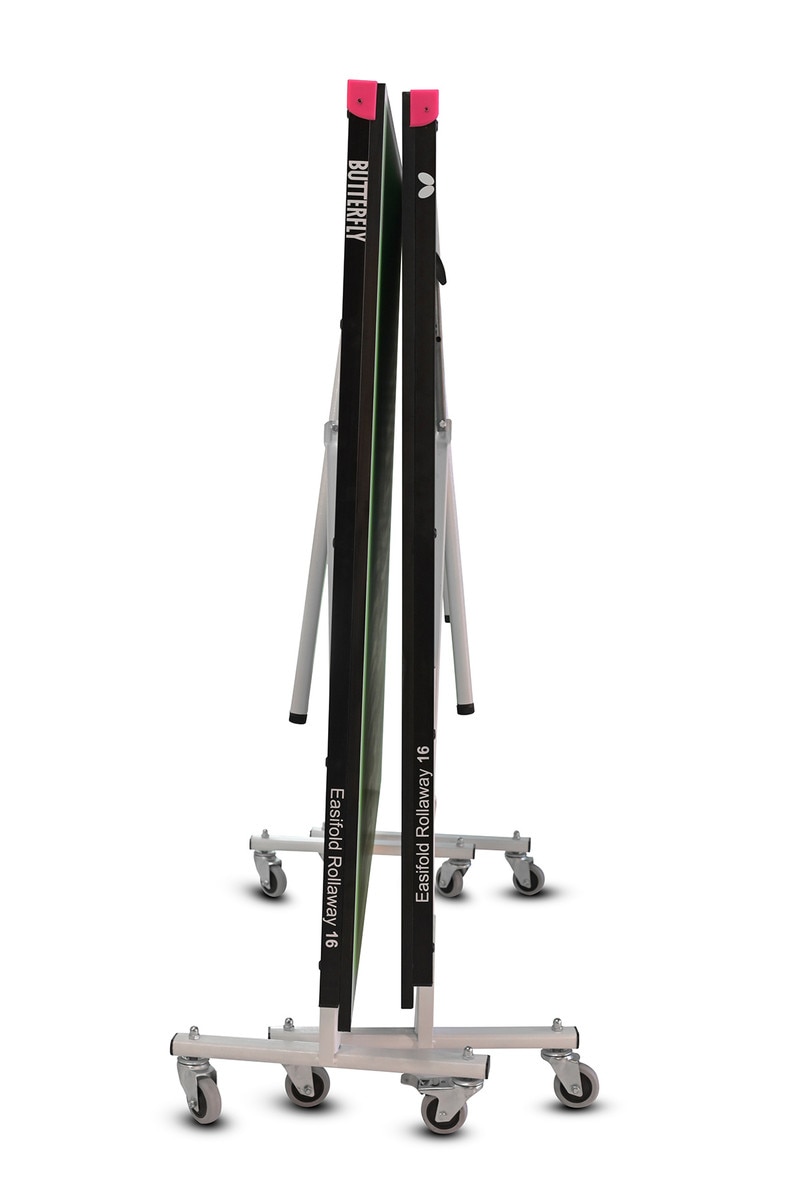 Butterfly Easifold 16 Ping Pong Table, that Features a Green 16mm Thick Top with a Sturdy Frame shown in the storage position, with both playing halves face-to-face.